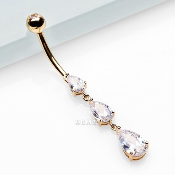 14 Karat Gold Sparkle Cascade Teardrop Belly Button Ring - Picture 1 of 2